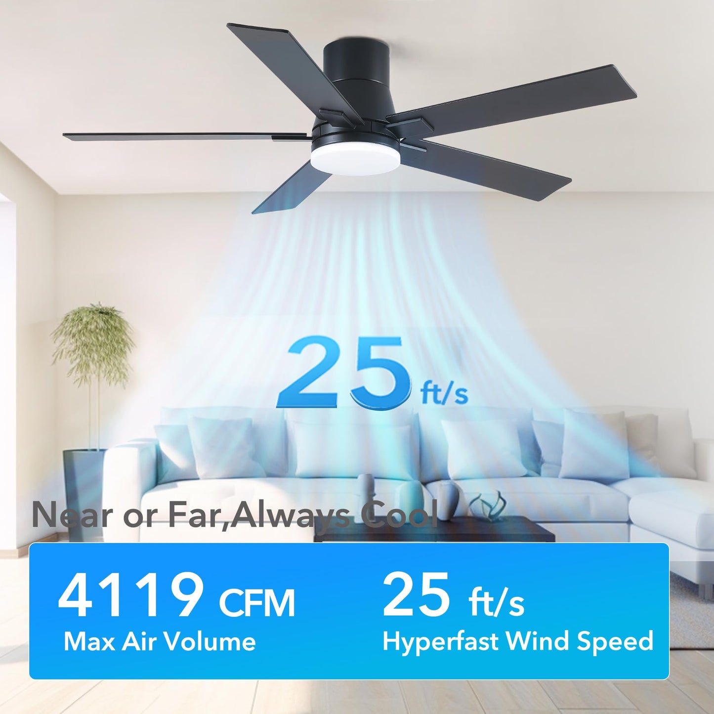 52 Inch Ceiling Fans with Lights and Remote,Flush Mount Black Ceiling Fan with 5 Blades,6 Speed Reversible DC Motor,3CCT Dimmable LED-Low Profile Design for Bedroom, Living room & Covered Outdoor