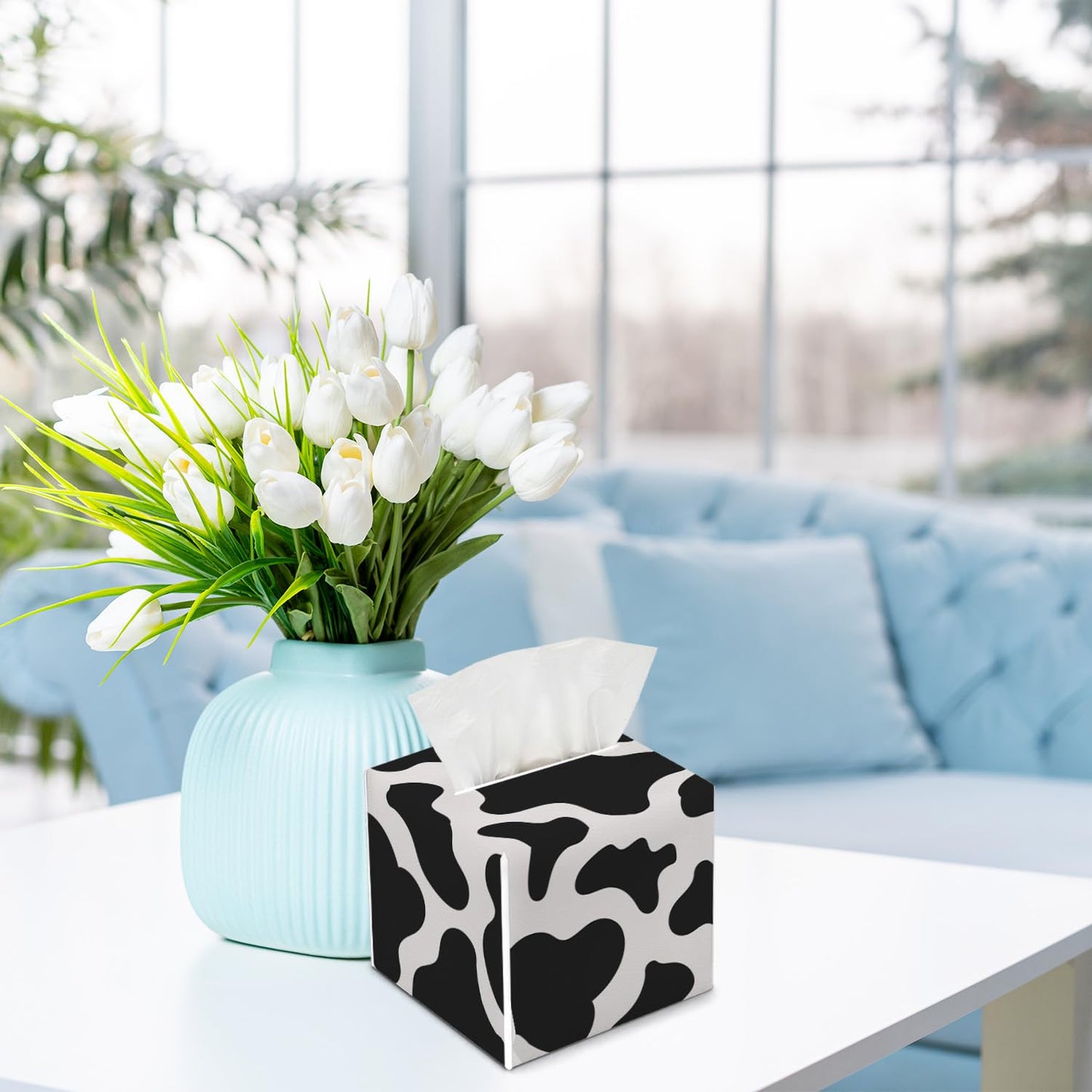 Cow Print Tissue Box Cover, Black and White Tissue Box Holder, Square Facial Paper Case, Cube Facial Paper Organizer Dispenser for Bedroom Vanity Countertop Nightstands/Leather-12
