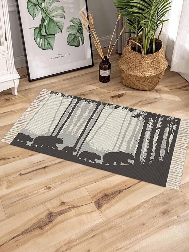 Rustic Bear Large Runner Rug 4X6 Ft Living Room Area Rug, Washable Woven Forest Animal Rustic Cabin Throw Carpet with Tassel, Non-Shedding Farmhouse Vintage Nature Scenery Art Bedroom Office Carpets