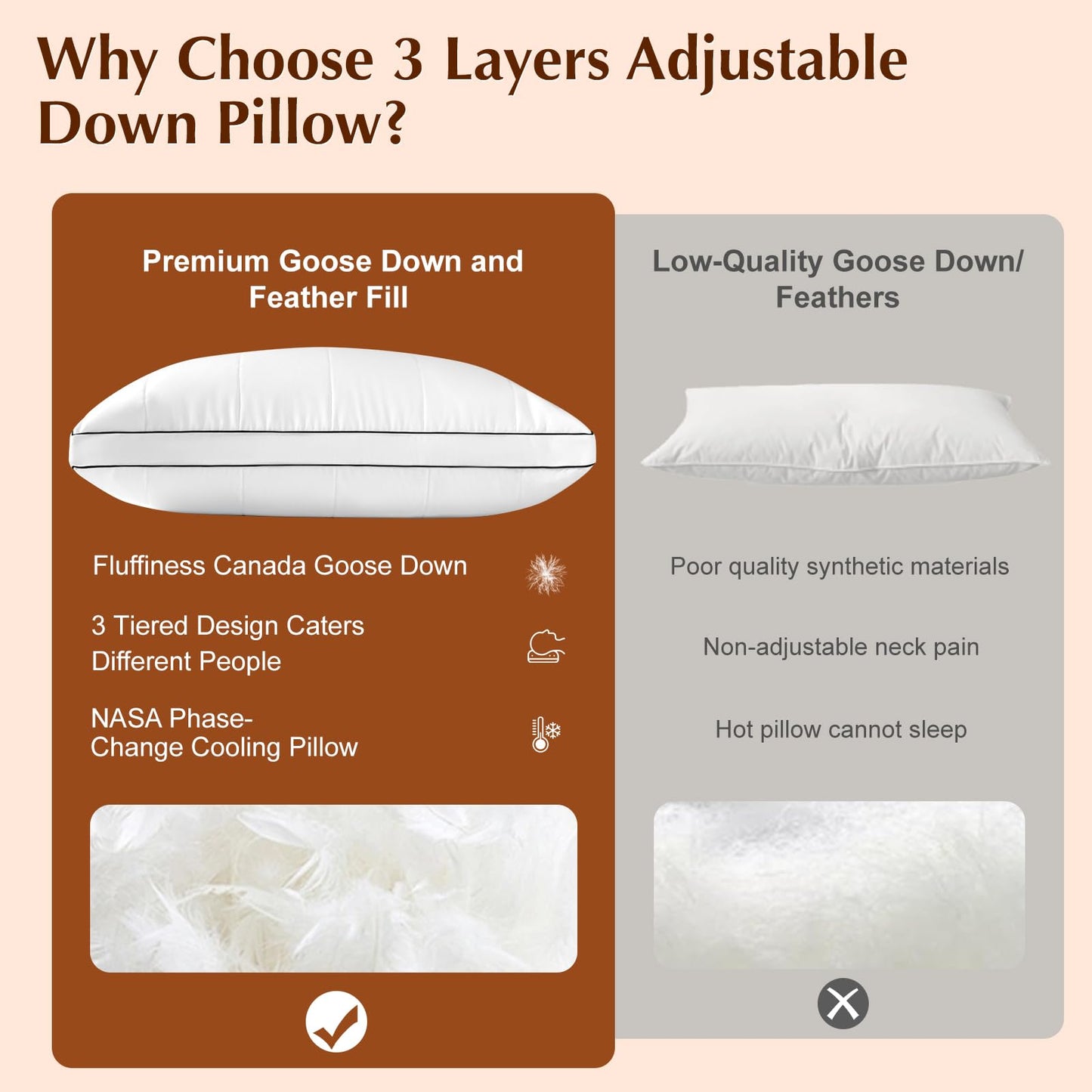 Davmabcjy 3 in 1 Adjustable Goose Down Pillows Standard Size Set of 1, Cooling Cover Bed Pillows, Fluffy Soft Feather Down Pillow for Back, Stomach or Side Sleepers, 20" x 26"