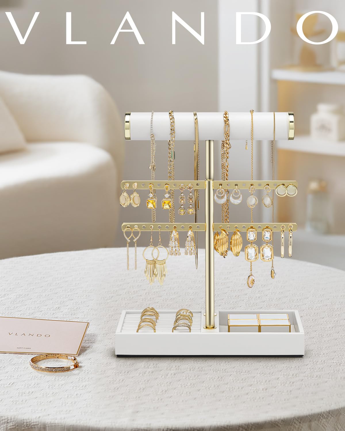 VLANDO 2 Tier Necklace Holder Organizer with Tray, Leather Bracelet Holder Display for Women, Gold Jewelry Holder Stand for Bracelet, Necklace, Earrings, Rings - White