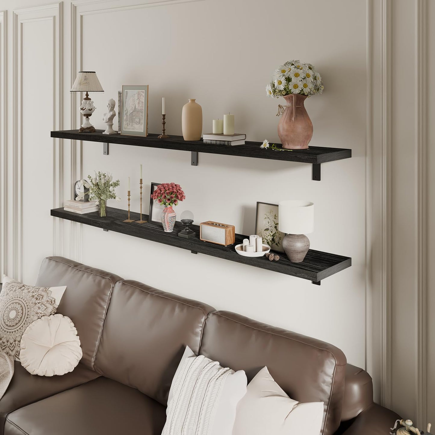 ONOTETUT 10x60 Inch Black Floating Shelves for Wall,2-Pack Rustic Long Floating Bookshelf,5ft Solid Wood Large Wall Shelves for Laundry Room (Black)
