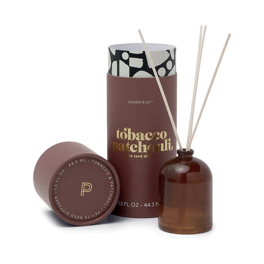 Paddywax Petite Reed Diffuser Set with Wooden Reeds, 720 Hour Long Lasting Home Fragrance Oil Diffuser, Decorative Milky Glass Bottle, Tobacco Patchouli Scent, Brown, 1.5 oz