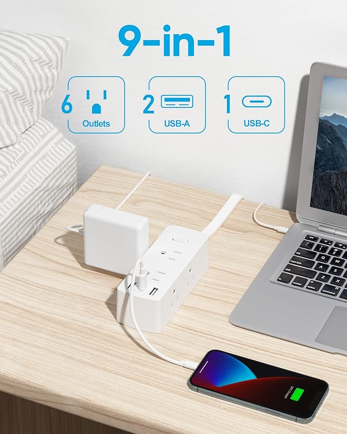 2 Prong Flat Extension Cord 10 FT, Olcorife 2 Prong to 3 Prong Outlet Adapter, Flat Plug Power Strip with 6 Outlets 3 USB Ports(1 USB C), 2000J Surge Protector, US to Japan Plug Adapter