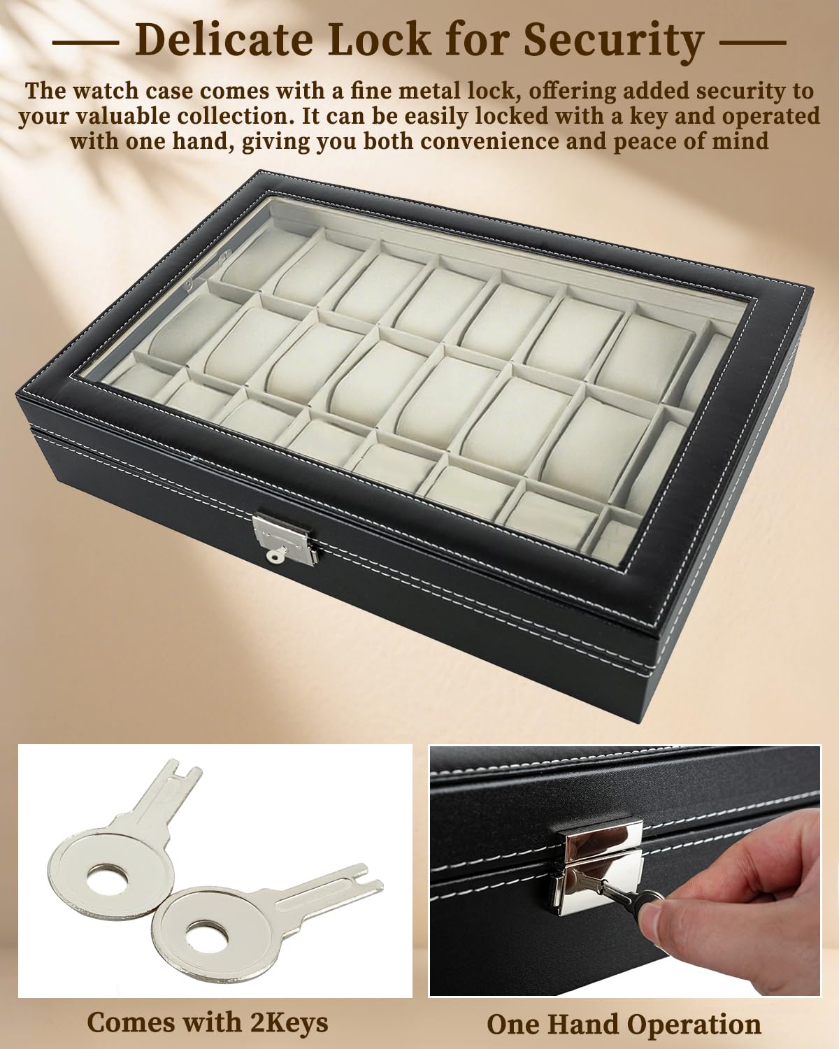ATPEAM 24 Slot Watch Case Watch Box Organizer for Men Women Black Synthetic Leather Waterproof Dustproof Lockable Storage Case With Glass Lid (3.1'' Watch Pillow)