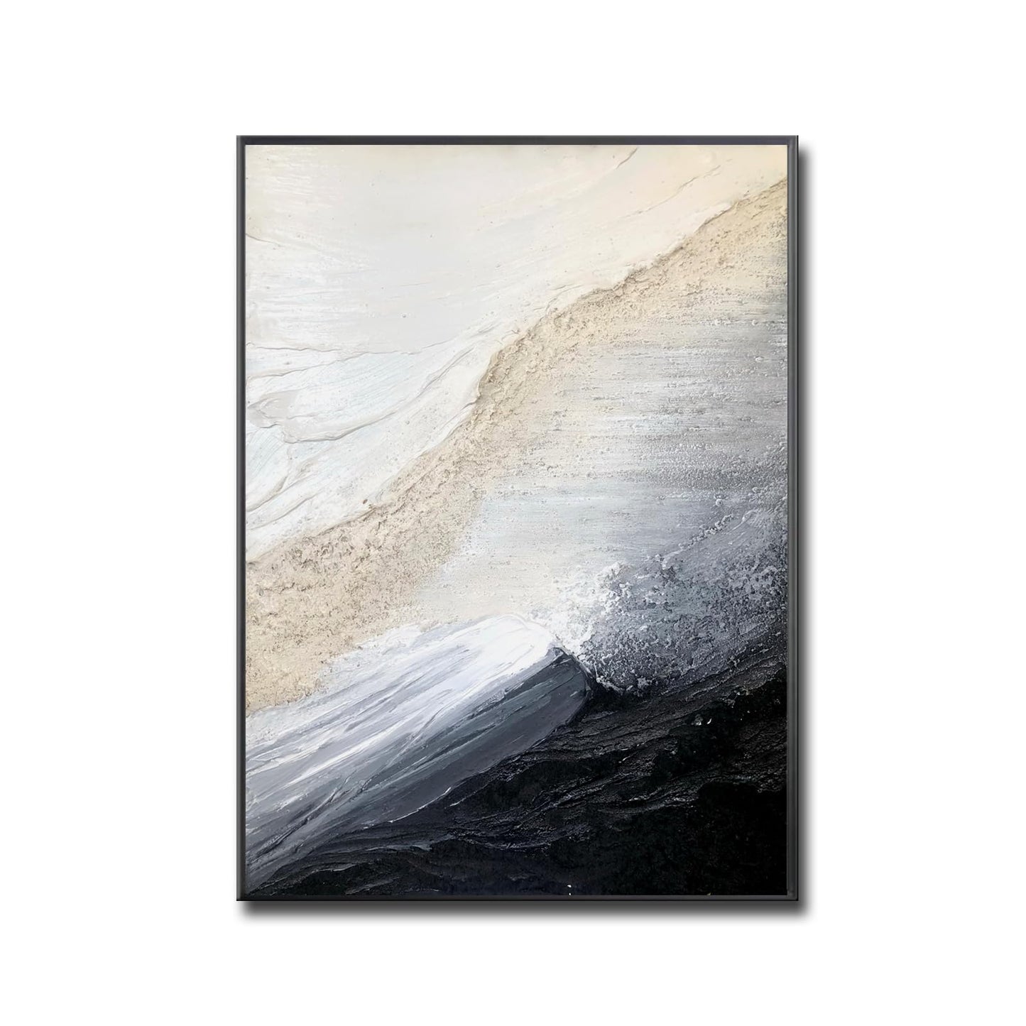3D Textured White and Black Seascape Wall Art For Entryways, Large Framed Impasto Abstract Oil Painting for Living Room,Neutral Tone Wabi-Sabi Minimalist Wall Decor for Office/Bedroom 28x40 inches