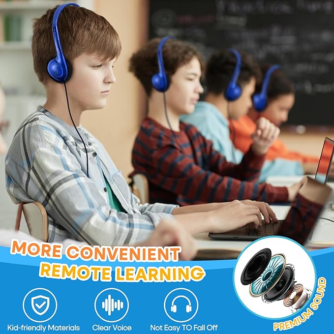 Kids Headphones Bulk 100 Pack for School Classroom Student Children Toddler Boys Girls Teen and Adults, Wholesale Wired Computer Earphones Class Set for Library Museums Airplane (HY857,100 Blue)