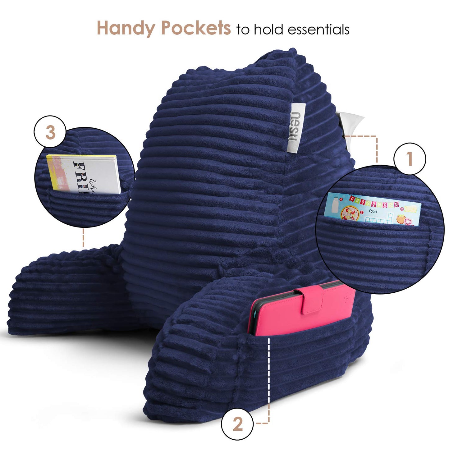 Nestl Navy Blue Reading Pillow with Bed Desk for Laptop and Writing, Luxe Cut Plush Back Pillow for Sitting Up, Back and Arms Adjustable Support for Adult and Teens, Foldable Lap Desk for Bed 22x14”