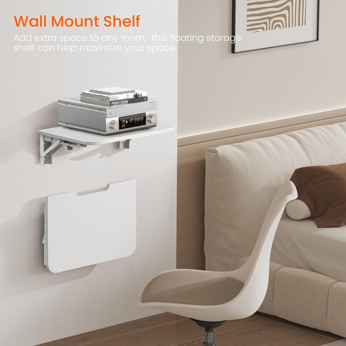Homode Projector Shelf for Wall, Wood Folding Wall Mount Shelf, Holds Up to 30lbs, Floating Entertainment Shelves for DVD Players, Cable Boxes, Game Consoles, Living Room Decor Accessories, White