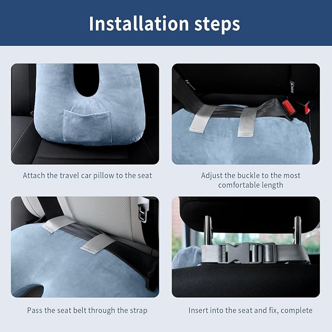 Car Pillow for Kids, Travel Pillow for Car, Toddler Travel Pillow for Sleeping Carseat Pillow for Adults, Removable and Washable Covers, Long Car Ride Essentials, Blue-Skin-Friendly