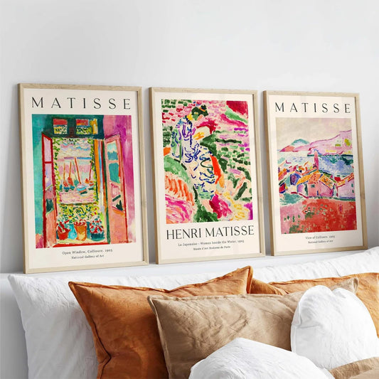 Baccone Henri Matisse Wall Art Prints Set of 3 Matisse Wall Decor Aesthetic Canvas Poster Colorful Abstract Pink Picture Vintage Flower Art Exhibition Posters for Room Bedroom 12x16 Inch Unframed