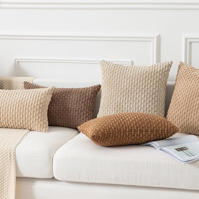 Kevin Textile Throw Pillow Covers Soft Corduroy Decorative Set of 2 Boho Striped Pillow Covers Pillowcases Farmhouse Home Decor for Couch Bed Sofa Living Room 16x16 Inch Khaki