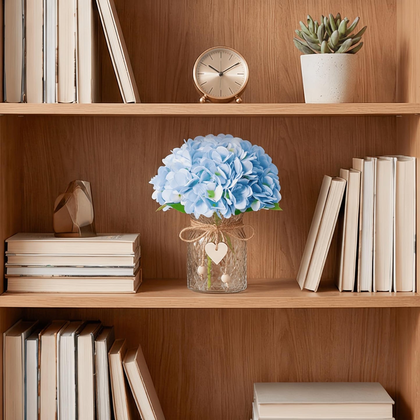 Piklado Hydrangea Artificial Flowers in Vase Silk Fake Flowers with Glass Vase Bohemian & Ins Style Faux Hydrangea with Glass Bottle Set for Home Office Bathroom Decoration (Blue)
