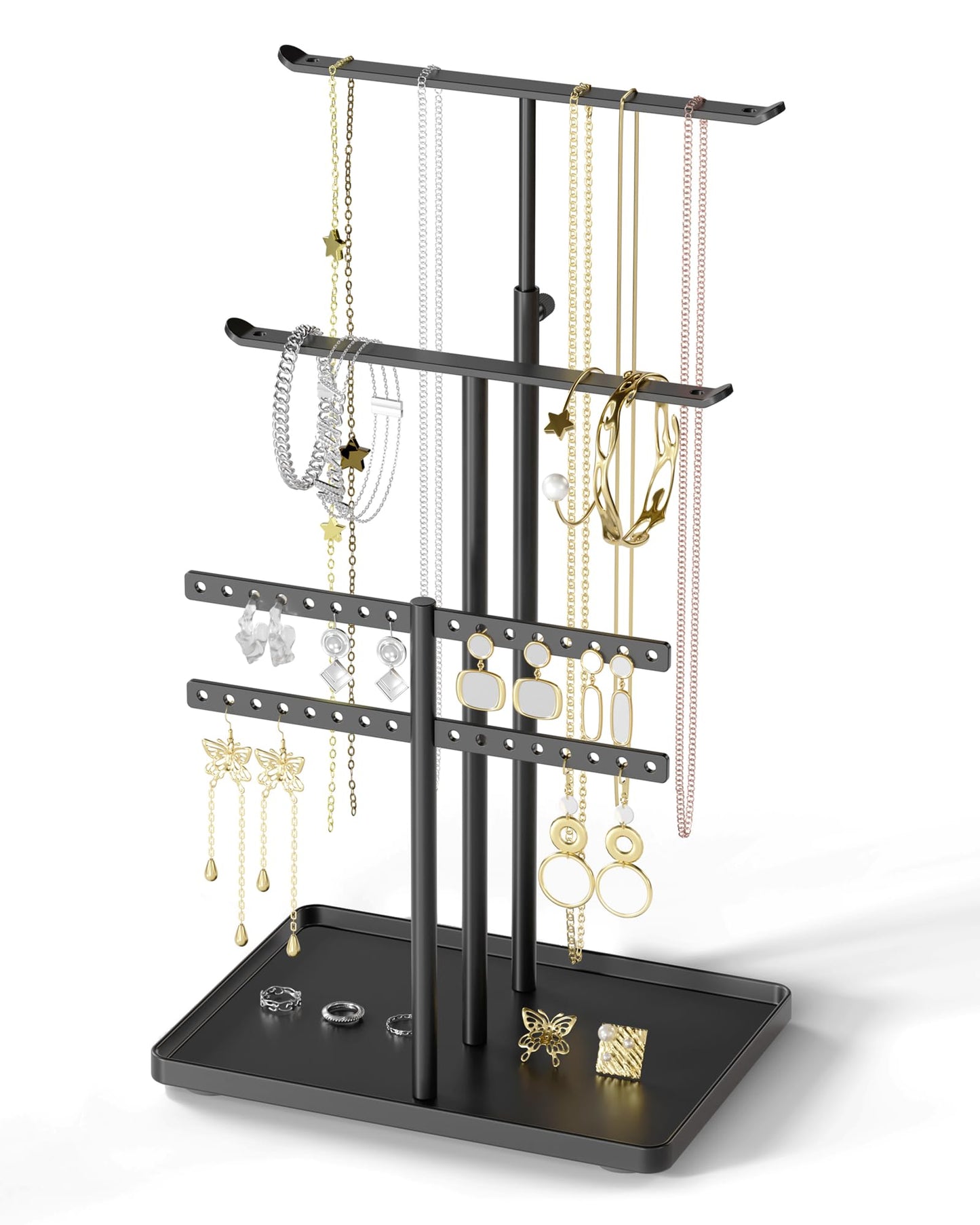 susswiff Jewelry Holder Organizer Stand - Adjustable Jewelry Tree 17.5" Height (Max), Jewlery Hanger for Necklaces, Bracelets, Earrings, Aesthetic for Storage and Display, Metal, Black