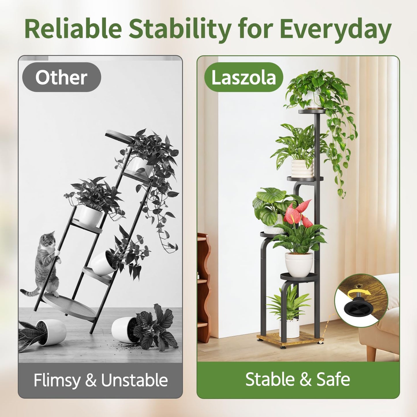 LASZOLA 5 Tiered Plant Stand Tall for Indoor Corner, Modern Multiple Flower Display Rack with Metal Tray, Vertical Planter Shelf for Living Room Bedroom Patio Garden Balcony, Black