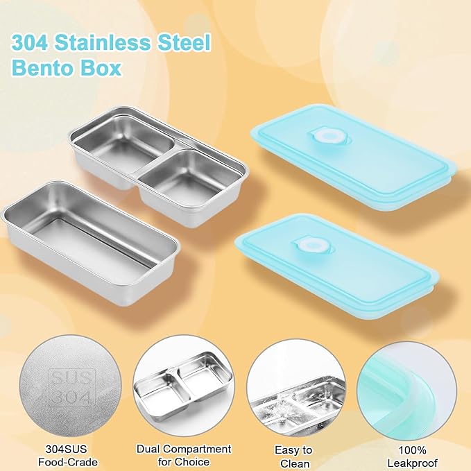 304 Stainless Steel Snack Containers, 100% Leadproof, Grab and Go Snack Containers, Food Grade, for Travel and Outdoor Camping, 1pc Single and 2pcs Double compartment, 3 PCS
