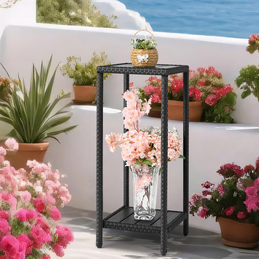 Outdoor Plant Stand for Patio 2 Tier Plant Stand Shelf with Wicker Poly Lumber Flower Pot Plant Stand Holder 31" Tall Corner Plant Display Rack with Adjustable Feet Heavy Duty for Balcony Garden Black