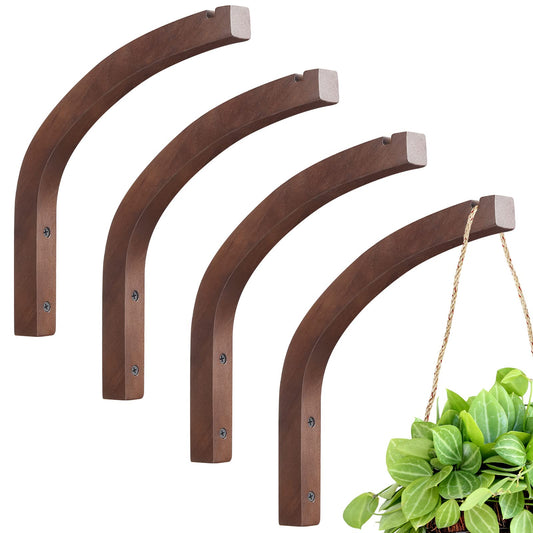 Juexica 4 Pcs Plant Hanger Wooden, 8 Inch Hanging Plant Hooks for Indoors and Outdoor, Wall Mounted Hanging Hook Brackets for Planters Lanterns Wind Chimes and Bird Feeders Patio Decor(Coffee Color)