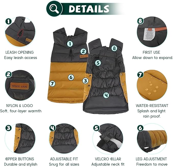 SPACE LION Dog Puffer Jacket, Down Winter Coat, Durable Outdoor Coat for Cold and Windy Conditions, Lightweight & Adjustable Fit Coats for Large Dogs,(BlackKhaki, Size26/3XL)