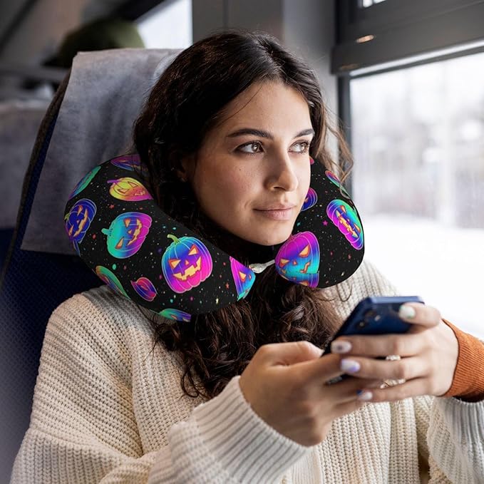 Neck Travel Pillow, Breathable Memory Foam Chin & Head Support Cushion Halloween Trippy Neon Pumpkin Skull for Airplane Car Sleeping Rest