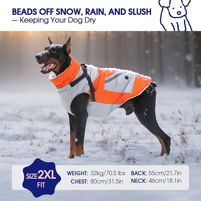FUAMEY Dog Winter Jackets for Large Dogs,Dog Coat with Harness Built in,Waterproof Dogs Snowsuits Warm Pet Jacket Zip Up Fleece Cold Weather Coats Reflective Safety Pets Hunting Vest Orange L
