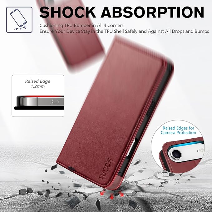 TUCCH Wallet Case for iPhone Air (6.5") 2025, 3 Credit Card Slot | RFID Blocking | Stand | PU Leather | Protective Flip Folio Cover | Shockproof TPU Interior Shell | Deep Red