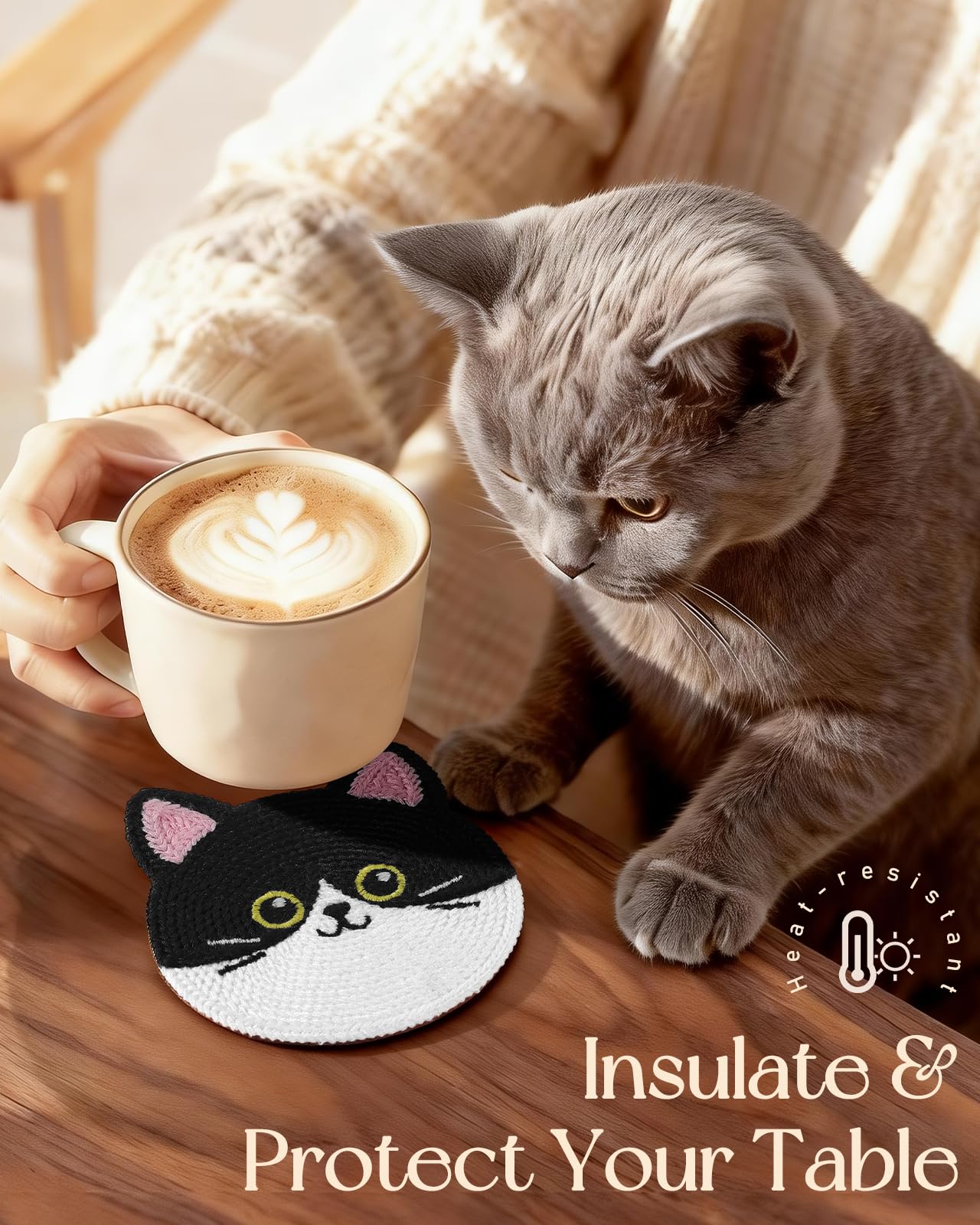 Slohif Cute Woven Drink Coasters Funny Gifts for Home Desk Coffee Table-Creative Cat Face Crochet Decor Gift Office Cup Coaster Accessories for Women Family (3pcs)