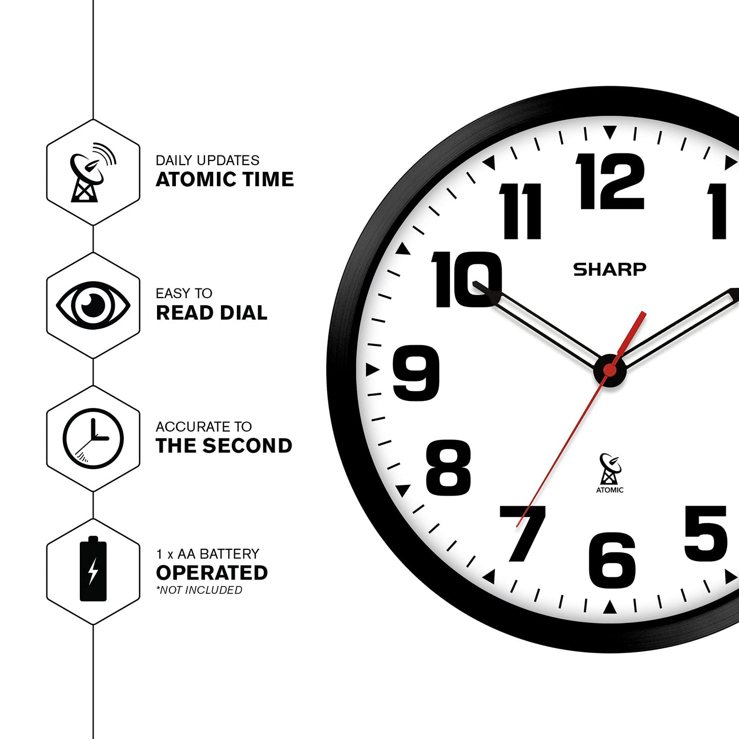 Sharp Atomic Analog Wall Clock - 12" Black Stylish Frame - Sets Automatically- Battery Operated - Easy to Read - Easy to Use – Modern Design and Style