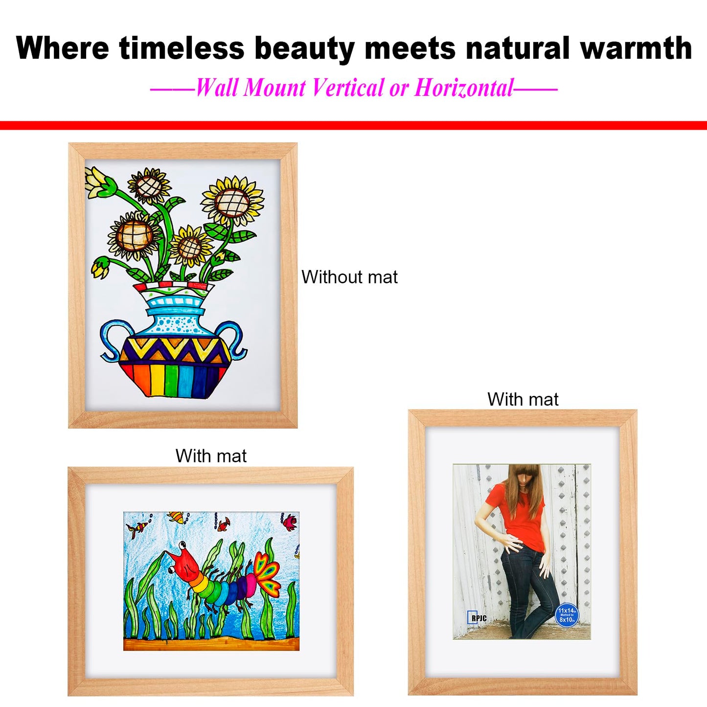 RPJC 11x14 Picture Frame Solid Wood, Fits 8x10 with Mat or 11x14 Without Mat, Real Glass Photo Frame for Wall Mounting, Black Gift-Ready in White Box, 2026 Natural