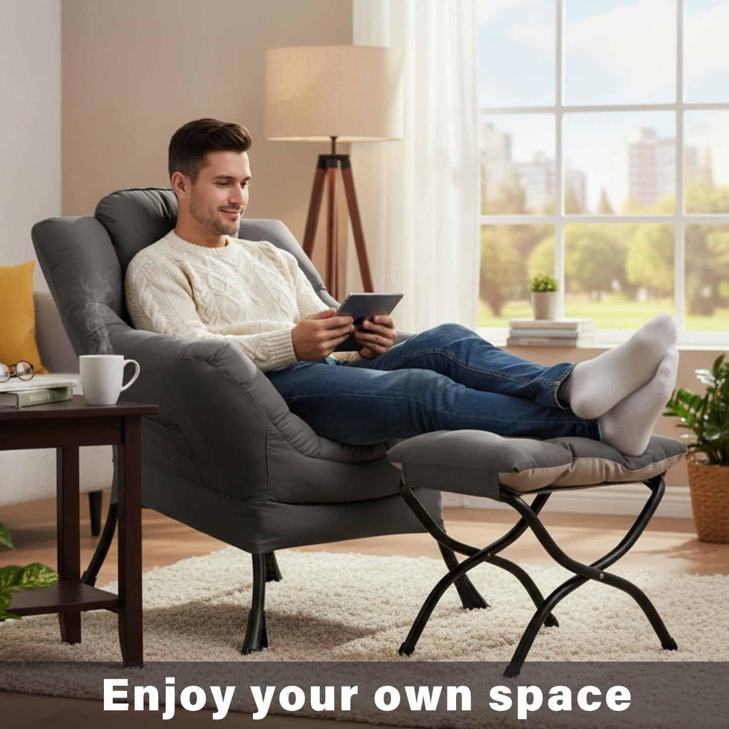 Givjoy Lazy Chair with Ottoman, Large Dark Grey Accent Chair with a Side Pocket, Modern Leisure Upholstered Sofa Reading Armchair with Footrest for Office, Bedroom, Living Room, Dorm Rooms, Balcony