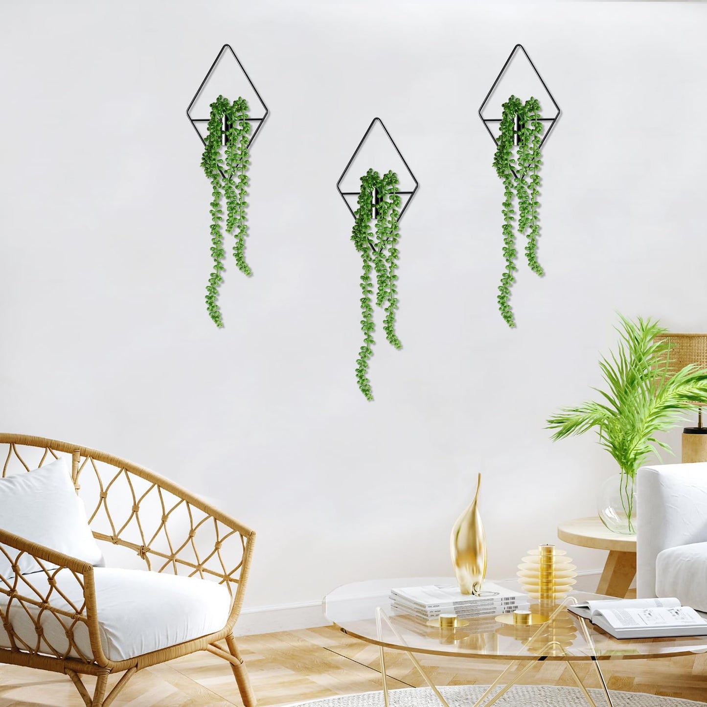 Jexine 4 Pcs Plant Wall Decor Diamond Shape Hanging Planters with Artificial Plants Geometric Metal Hanging Vase Indoor Wall Decor for Living Room Bathroom Home(Black)