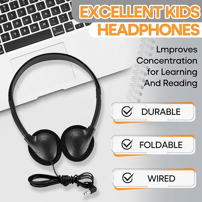 12 Pack Kids Headphones Bulk for Classroom School Students, Durable Wholesale Class Set Headphones for Kids Children Toddler Teen Boys Girls (HY857,12 Black)