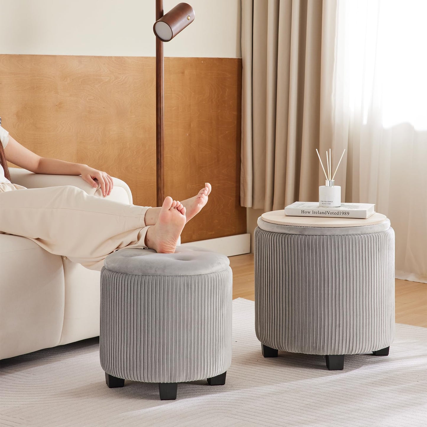 BLEXA Big Round Ottoman with Storage Set of 2,Upholstered Velvet Vanity Stool for Makeup Multifunctional Foot Rest Coffee Table Padded Seat Tufted Ottomans for LivingRoom&Bedroom (Large Grey)
