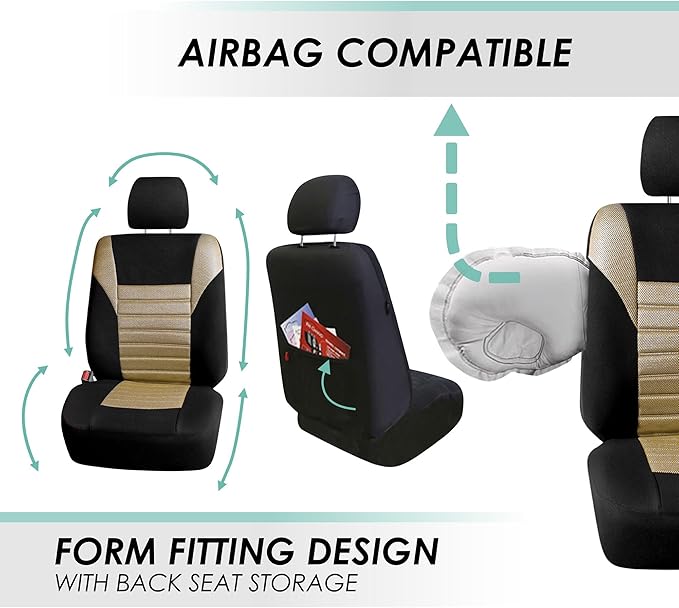 FH Group Automotive Car Seat Covers Front Set Premium 3D Air Mesh Front Seat Covers, Airbag Compatible Universal Fit Interior Accessories for Cars Trucks and SUVs - Beige