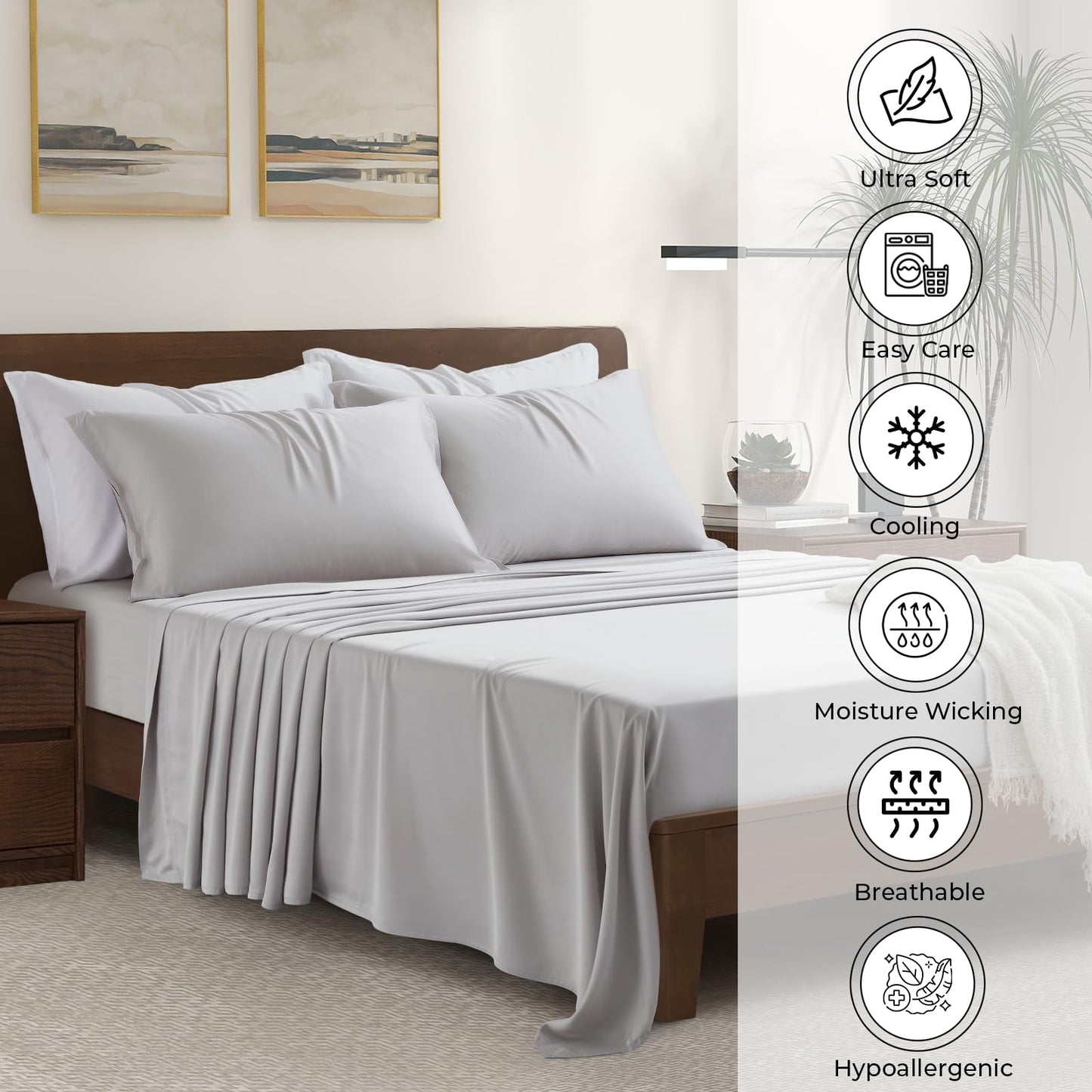 Luxury Bamboo Market | King Size Bed Sheet Set | 100% Viscose Made from Bamboo | Organically Grown | Ultra Soft | Cooling Sheets for Hot Sleepers | 17" Deep Pocket [Dove Grey]