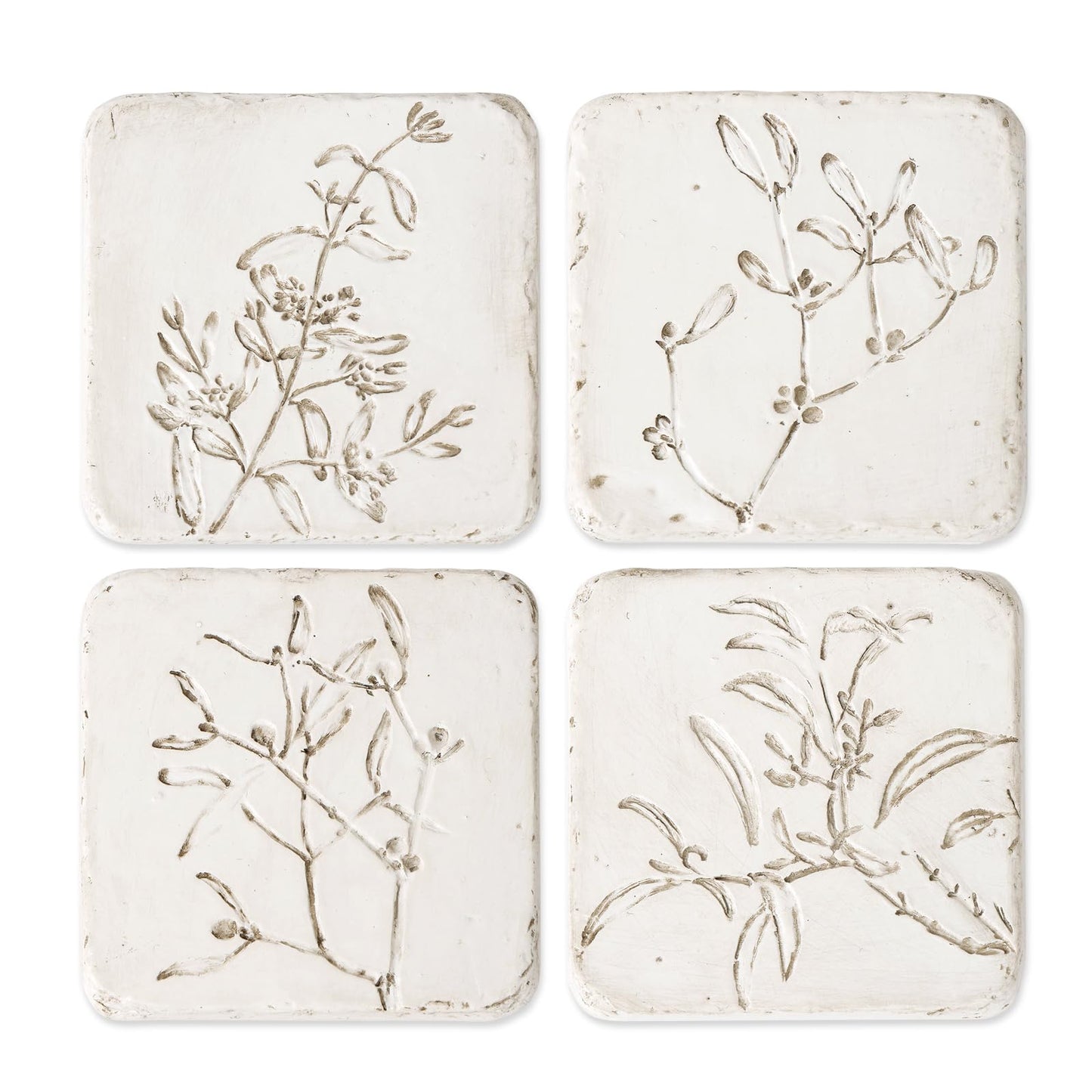 HOME PALETTE Botanical Coasters for Drinks Set of 4, 4.02 Inch Square Resin with Cork Base, Plant Floral Design, Absorbent Coasters for Bar Desk Coffee Table, White
