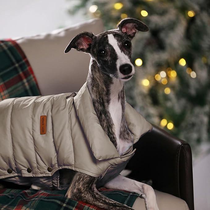 SPACE LION Dog Puffer Jacket, Down Winter Coat, Durable Outdoor Coat for Cold and Windy Conditions, Lightweight & Adjustable Fit Coats for Medium Dogs, (Khaki, Size14/L)