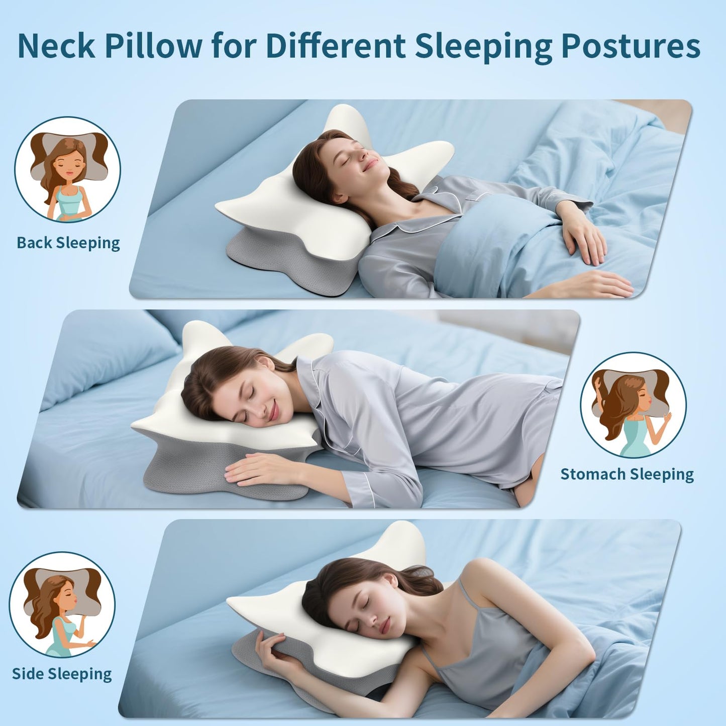 Besyodo Cervical Neck Pillow for Pain Relief, Ergonomic Side Sleeper Pillow Cooling Memory Foam Pillows for Sleeping, Contour Pillow Orthopedic Bed Pillow for Back Stomach Sleepers(White)