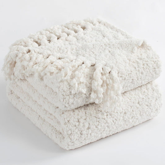 LONG CREATE Throw Blanket for Couch, White Luxury Knitted Throws 50"x60", Textured Blankets with Handmade Fringe Tassels for Bed Sofa Decorative, Chunky Soft Farmhouse Boho Home Decor