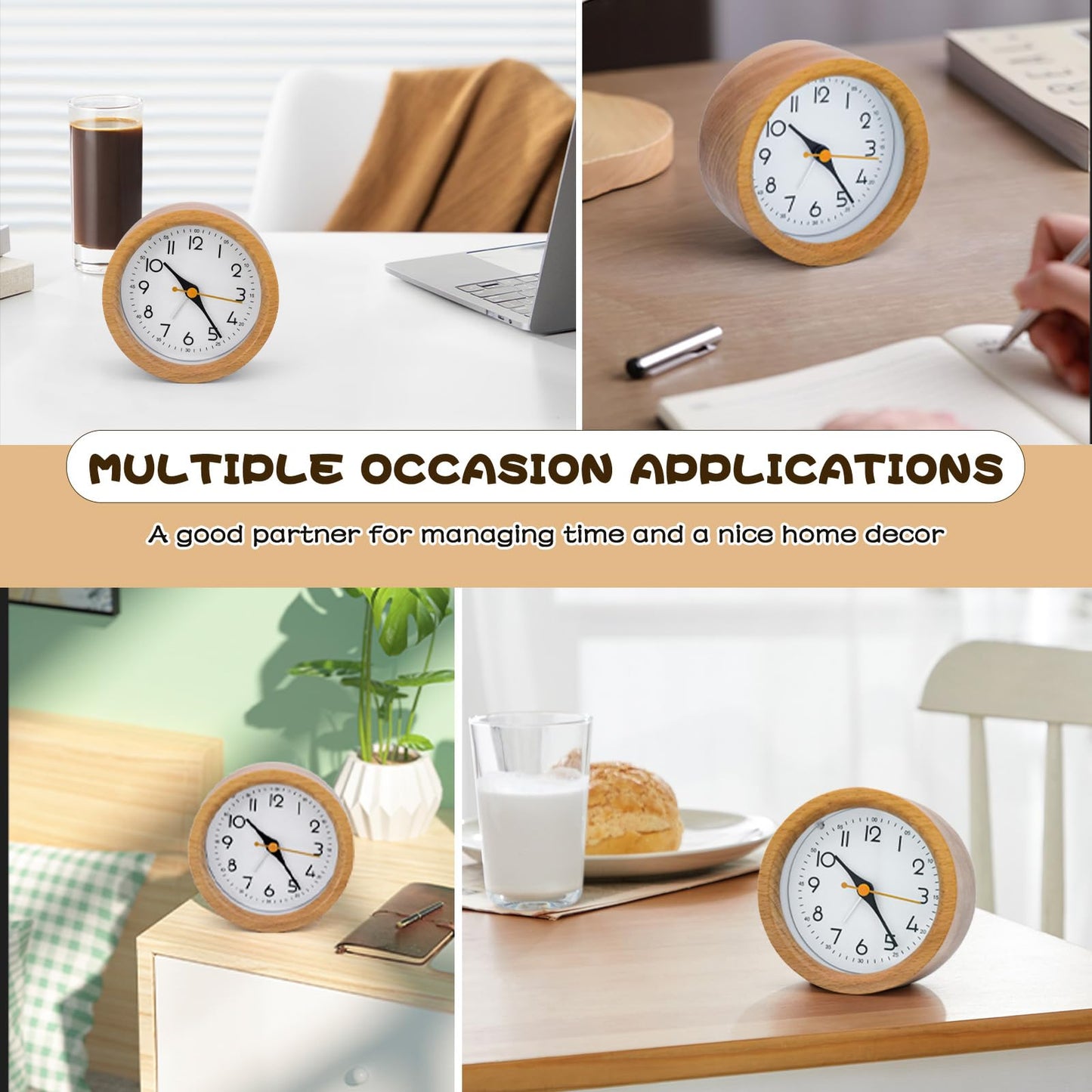 Oxmidud 4'' Natural Wooden Analog Alarm Clock with Soft Night Light - Battery Operated Non-Ticking Silent Tabletop Minimalist Desk & Bedside Clock for Bedrooms Living Room Home Office Decor