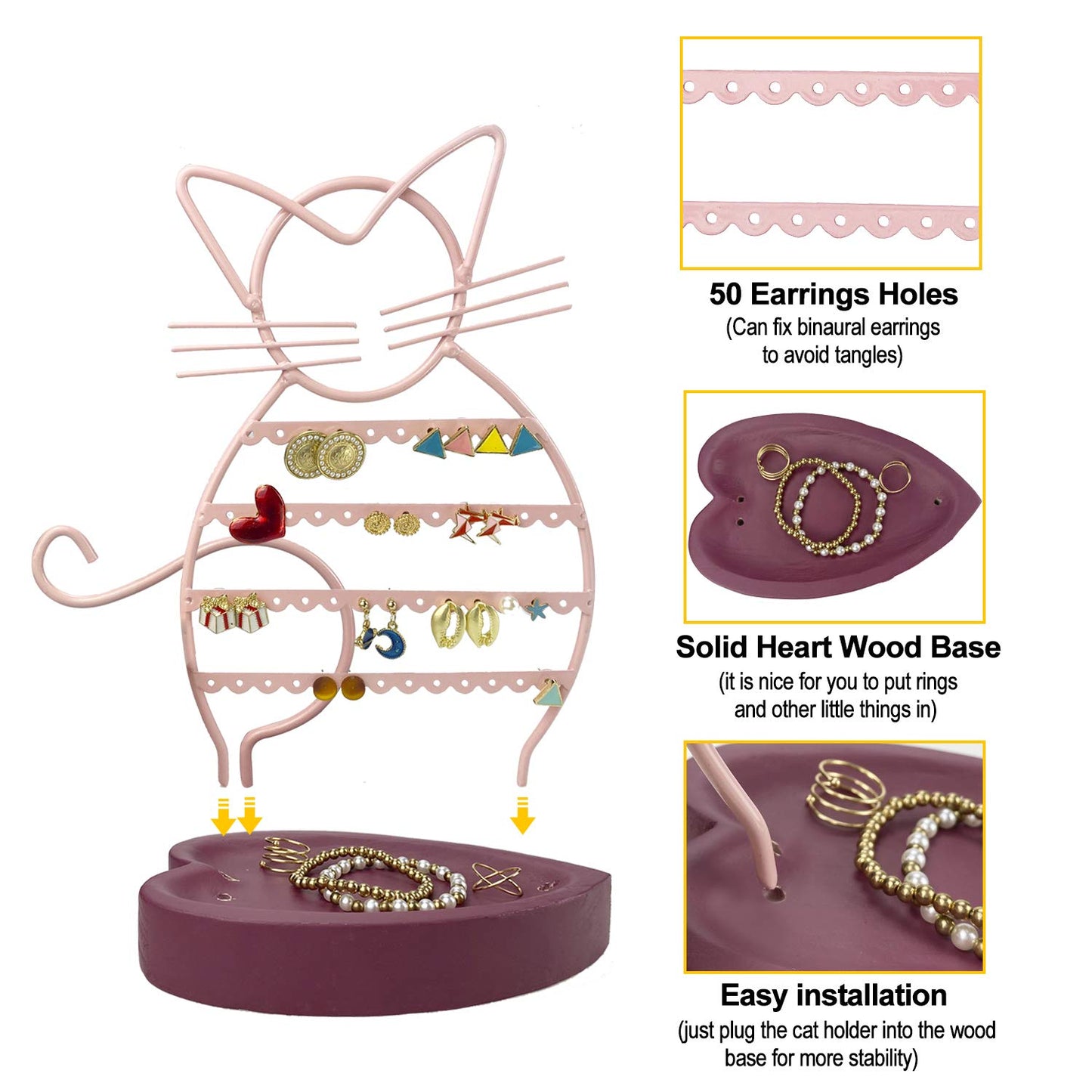 ERYTLLY Earring Holder Organizer, Cat Shaped Earring Organizer Stand With Wood Base Necklace Holder Organizer-47 Stud Earrings Holes Bracelet Holder (Pastel Pink)