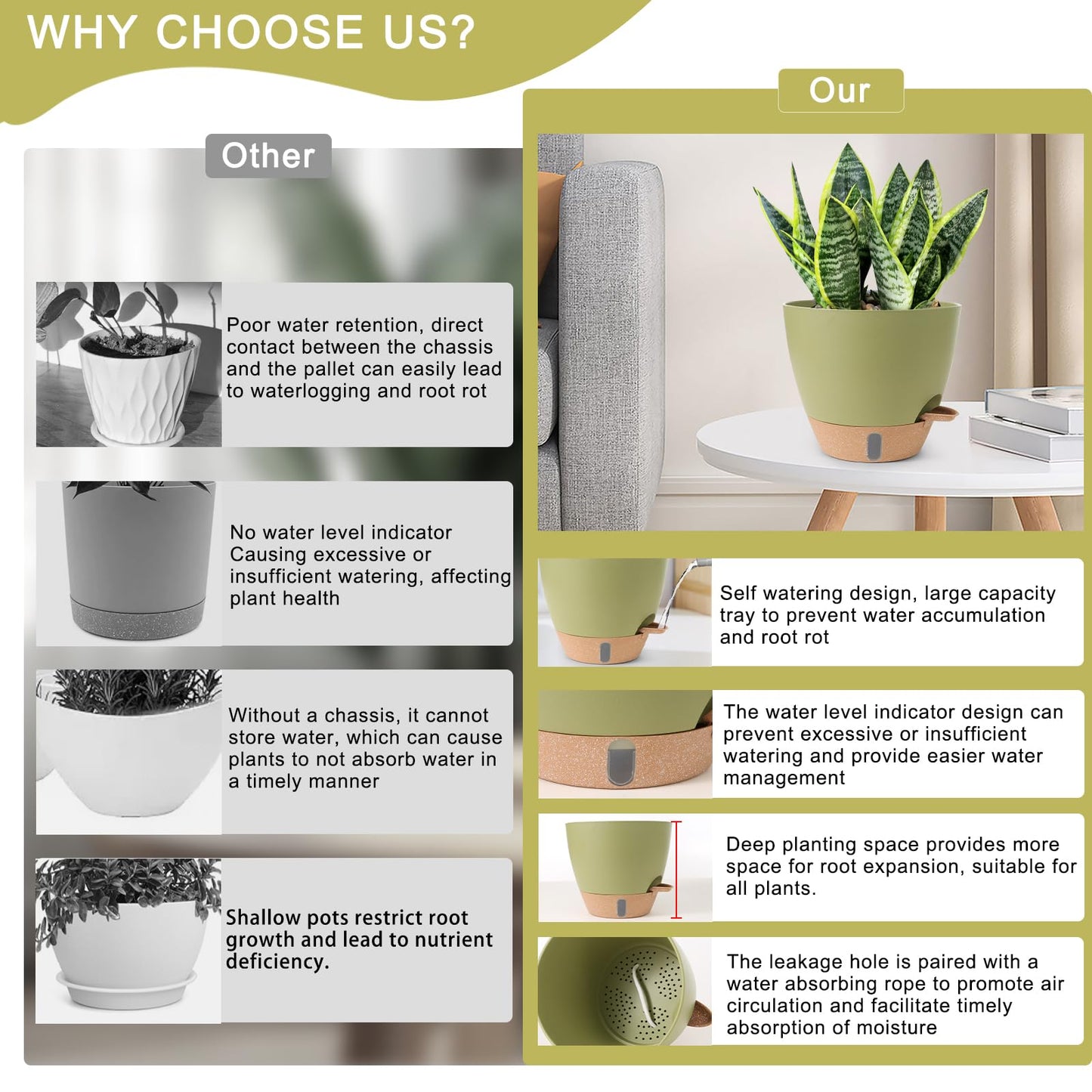 Self Watering Pots for Indoor Plants 12/10/9/8 Inch Large Plastic Self Watering Flower Pots Indoor Outdoor with Drainage Holes, Deep Reservoir,Nursery Planting Pot for Indoor Outdoor Plants