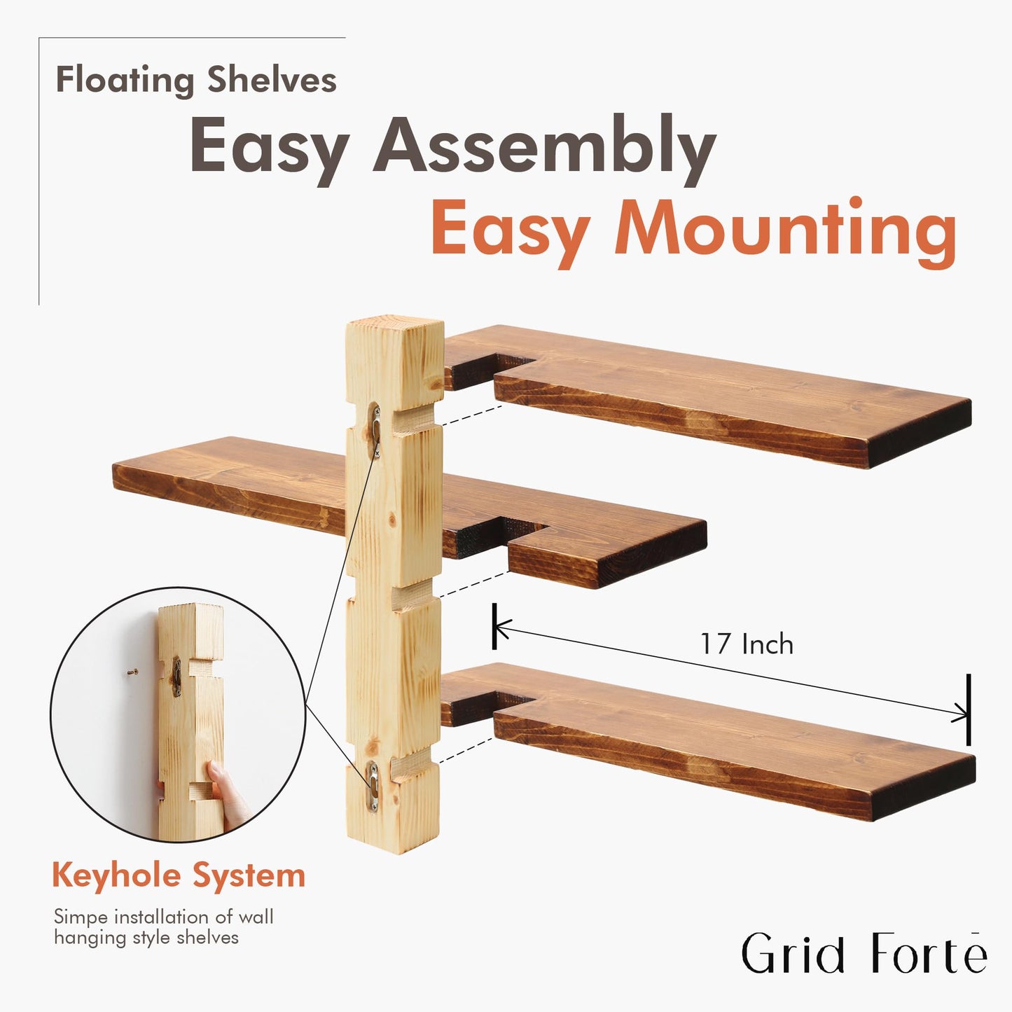 GRID FORTE Wood 3-Tier Floating Shelf, Large Minimalist Wall Shelves