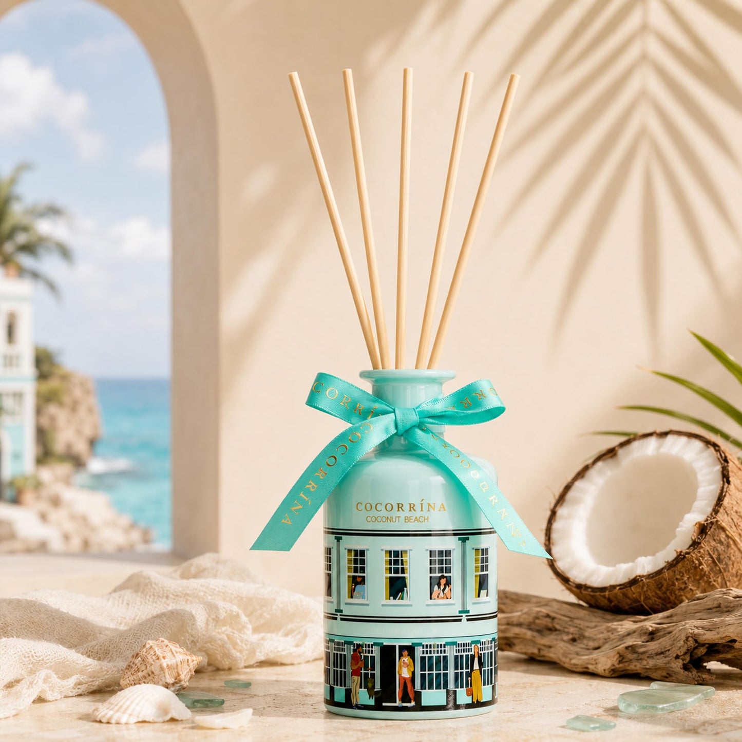 COCORRÍNA Reed Diffuser - Coconut Beach 6.76 fl oz Reed Diffuser with 8 Sticks Home Fragrance Bathroom Shelf Decor (Festive House Collection)