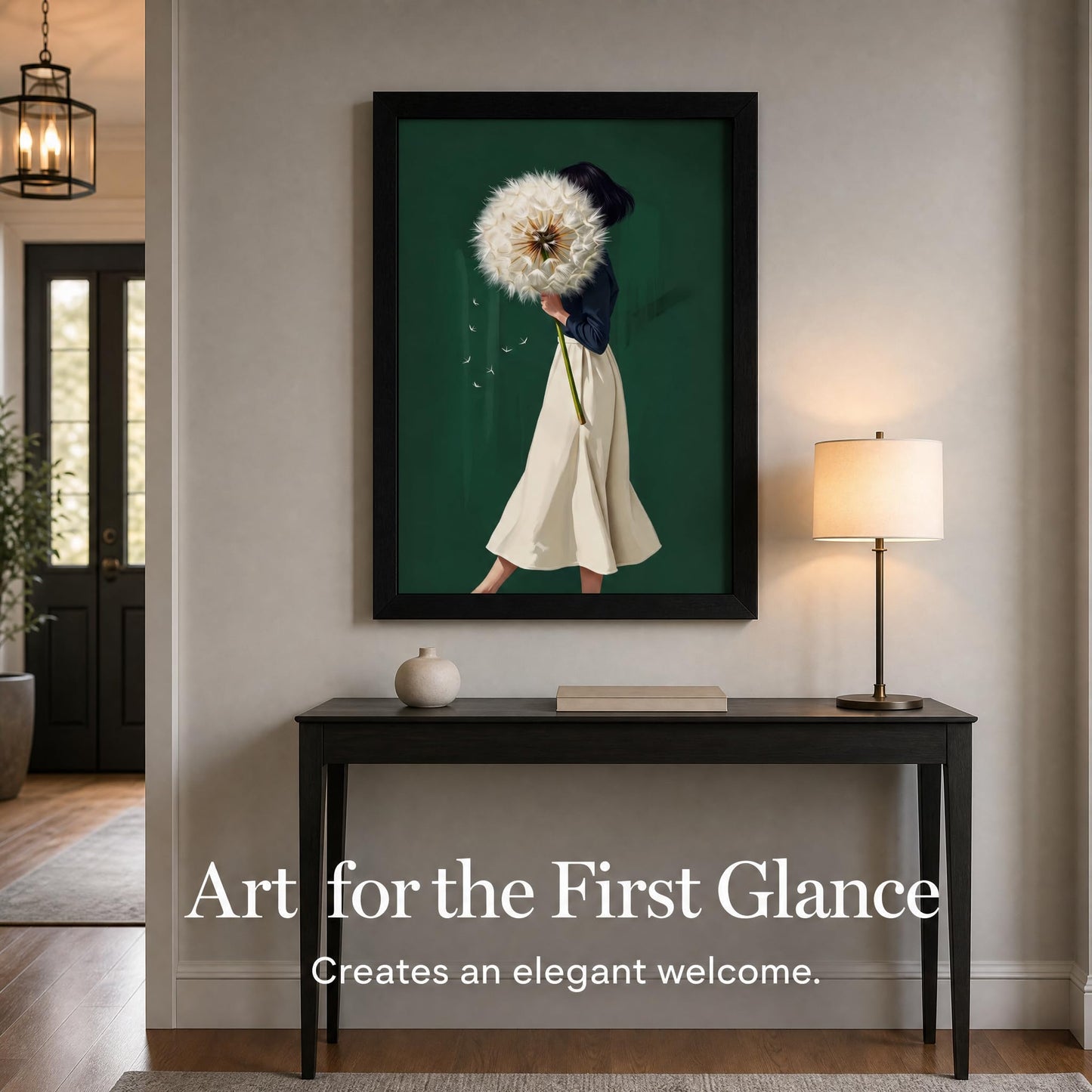 Framed Emerald Green Wall Art Woman With Dandelion Art Prints Modern Women's Minimalist Pictures Soft Botanical Painting Artwork for Living Room Bedroom Home office Wall Decor