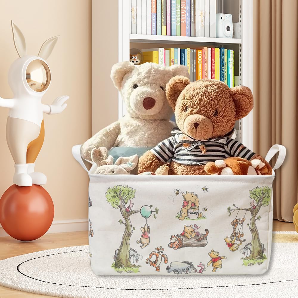 CORODER Rectangle Cute Bear Nursery Storage Basket With A Waterproof PE Coating, Foldable Large Canvas Laundry Hamper, Decorative Storage Baskets Suitable For Bathroom and Bedroom (White)