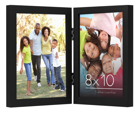 Americanflat Hinged 8x10 Picture Frame with Shatter-Resistant Glass - Double Picture Frames with Engineered Wood - Signature Collection - Photo Frame for Tabletop Display - Black