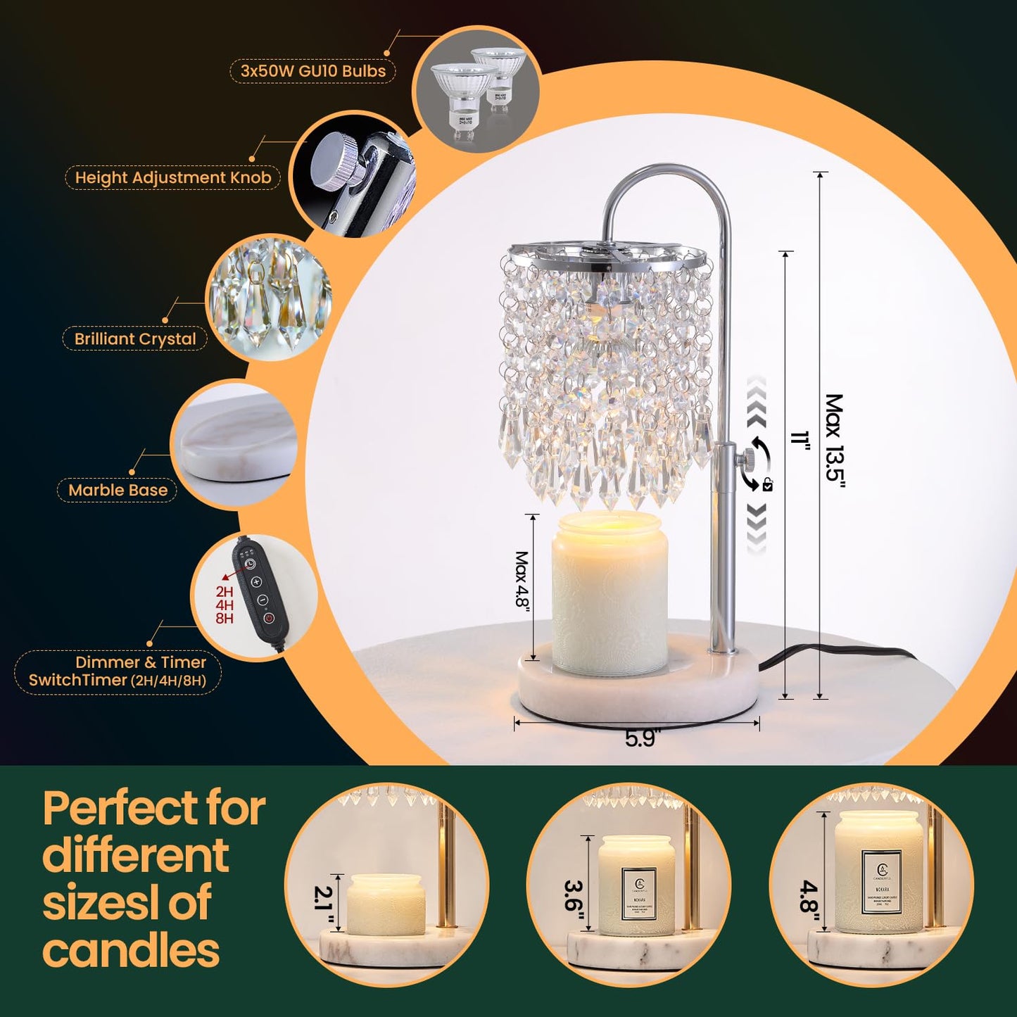 LUBITA Candle Warmer Lamp with Timer Dimmer and 3 Bulbs, Lamp Candle Warmer with Marble Base,Wax Melt Warmer for Jar Candles, Birthday Gifts for Women Mom, House Warming Gifts New Home Decor