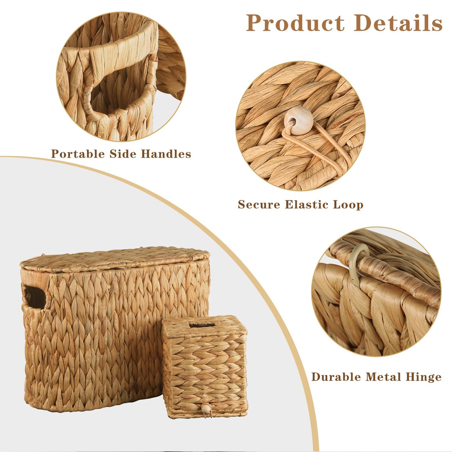 BIBELUN 2-Piece Water Hyacinth Bathroom Storage Basket Set, Hand-Woven Wicker Slim Toilet Paper Holder with Lid for 6 Mega Rolls, Square Tissue Box Cover, Decorative Rustic Boho Basket for Organizers