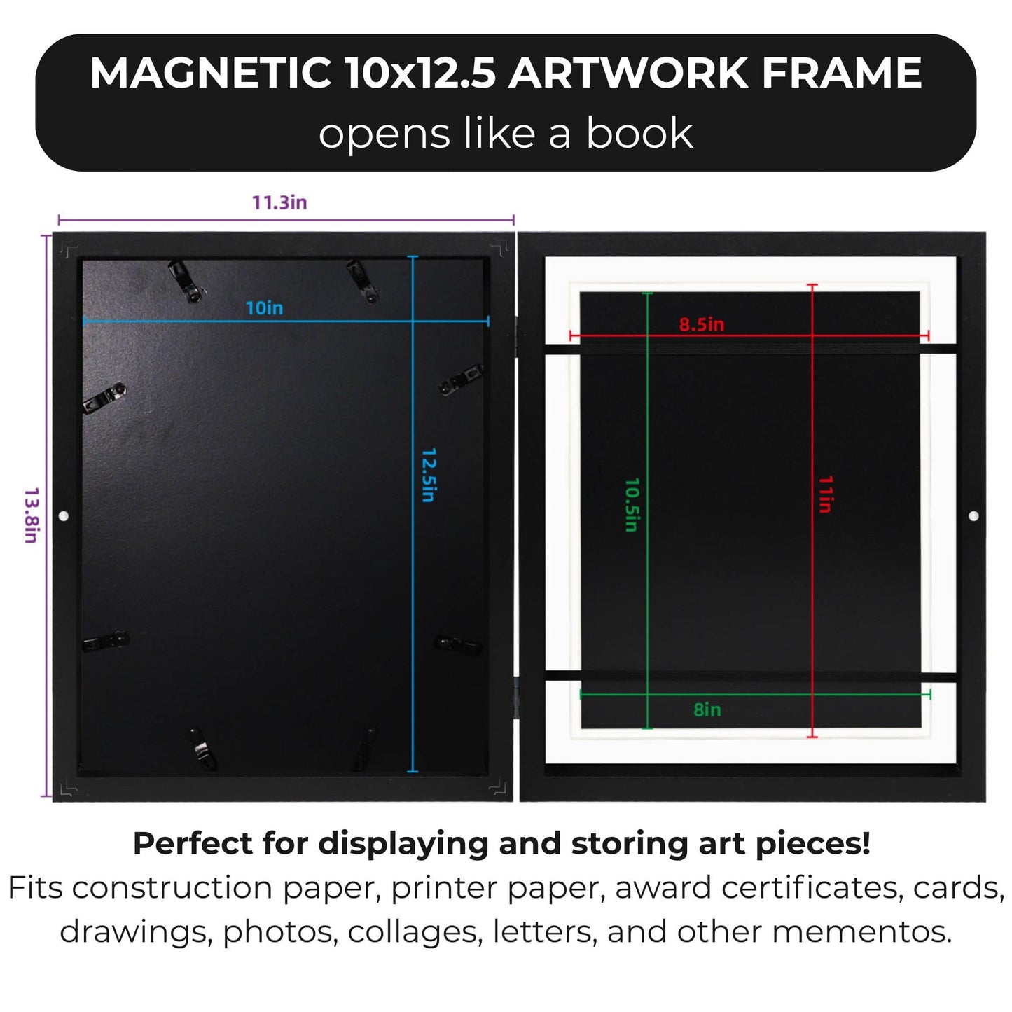 2-Pack Kids Artwork Frames Changeable 10x12.5 with Easel Stand, Hangers, Backboard, Shatterproof Plexiglass | 2 Mats Fit 9x12, 8.5x11, A4 Paper Sizes | Large and Easy-Access Kids Art Frame Display and Storage for up to 100 Sheets (Black)